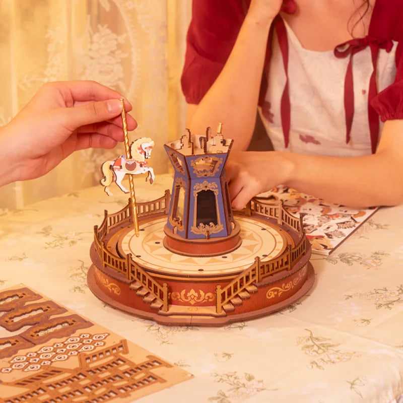 Puzzle 3D en bois DecoNooks™ Robotime, boîte à musique carrousel