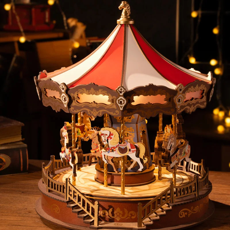 Puzzle 3D en bois DecoNooks™ Robotime, boîte à musique carrousel