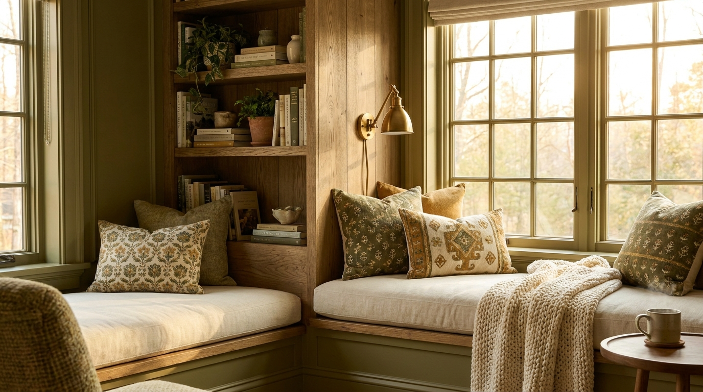 Cozy designed reading nook by a sunny window