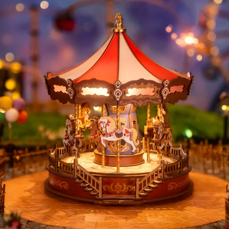 Puzzle 3D en bois DecoNooks™ Robotime, boîte à musique carrousel